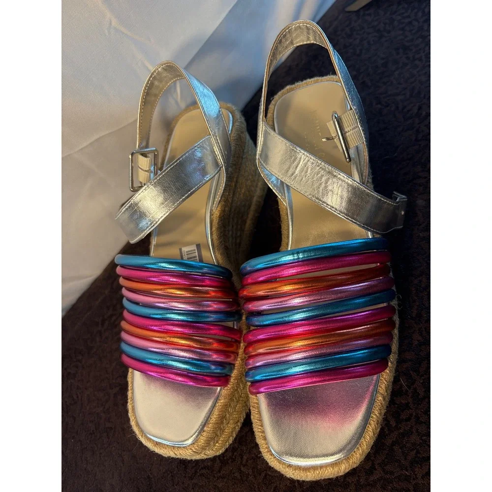 Kenneth Cole New‎ York Metallic Multi-Color Espadrille Wedge Sandals Silver 8.5M